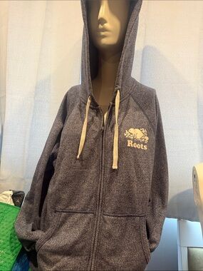 Roots Women’s Heather Gray /Blue Zip Hoodie with White Logo